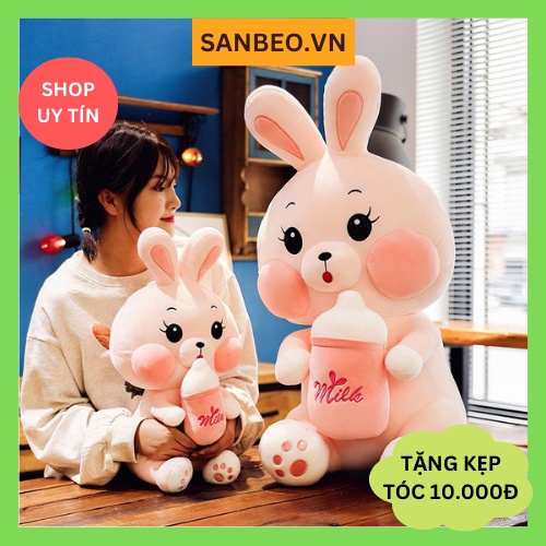 Gấu bông thỏ ôm bình sữa, thú nhồi bông thỏ hồng ôm bình sữa, gấu bông hình con thỏ hồng đáng yêu - SANBEO.VN