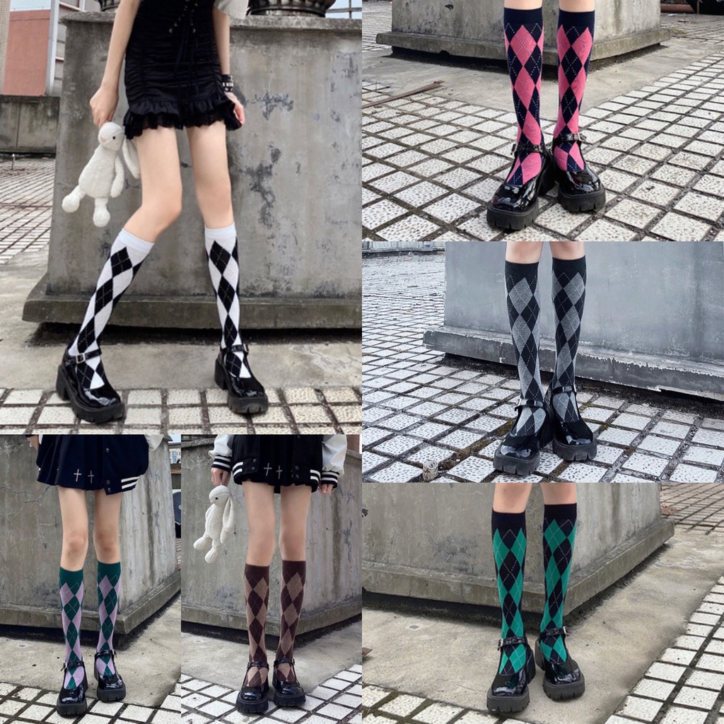 Đôi Vớ Dài Trung Bình Họa Tiết Hình Thoi Phong Cách Preppy Anh Quốc Cổ Điển Thu Đông Dành Cho Bạn Nữ
