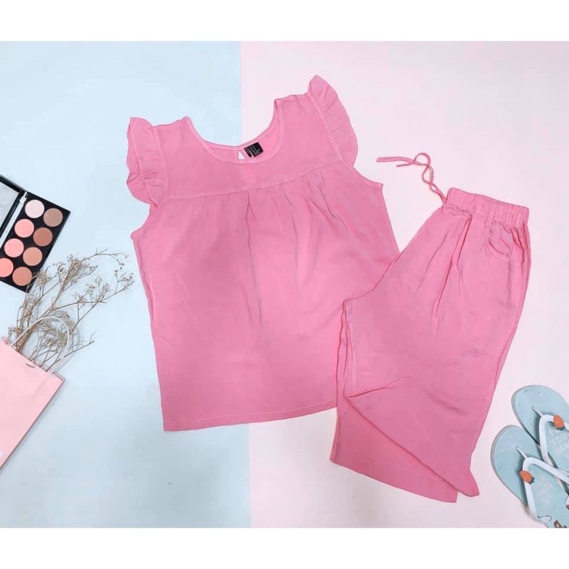 Bộ tole tôn lanh nữ màu trơn F21 VNXK tay cánh tiên quần lửng và dài
