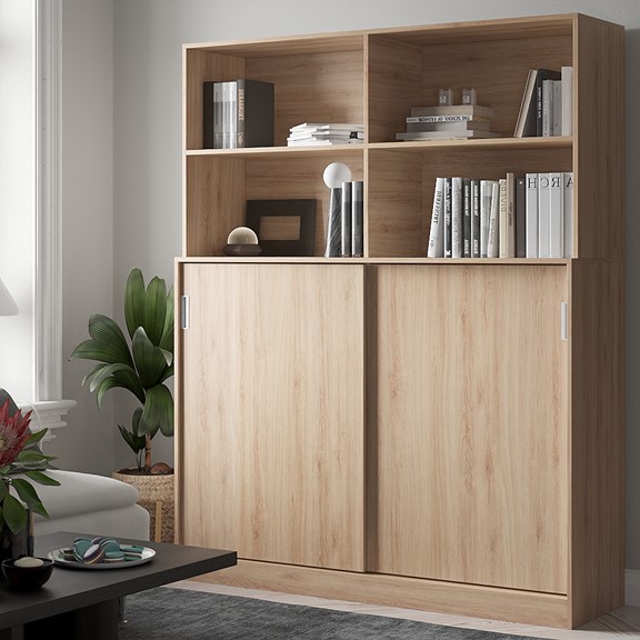 GALA, Tủ kệ để đồ đồ dùng cửa lùa kèm Kệ sách DRA_174, 160x45x200cm, kệ gỗ tủ gỗ Scandi Home