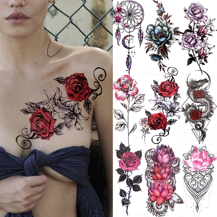 Miếng Dán Hình Xăm Tạm Thời Họa Tiết Hoa Hồng / Rồng / Hoa Sen / Mặt Trăng Màu Nước Cho Nữ Mới