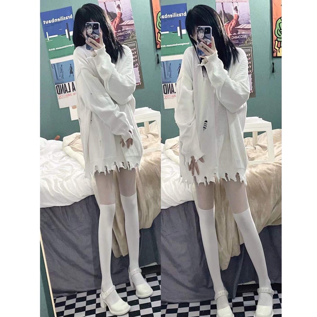 Jiashucheng Áo Sweater Dáng Rộng Rách Gối Màu Trơn Phong Cách Hàn Quốc Mới Dễ Phối Đồ Cho Học Sinh Nữ