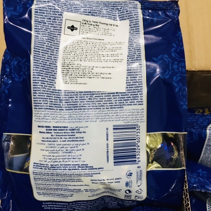 Kẹo Elvan Fondante Chocolate Kẹo socola vị sữa mềm thơm Bịch 500g