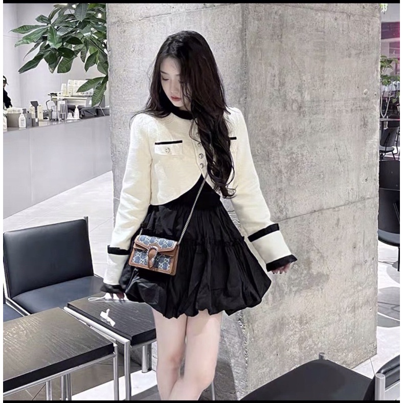 SET 2 MÓN ÁO DẠ TRẮNG KHUY ĐỒNG KÈM VÁY XOÈ BỒNG S2MADT