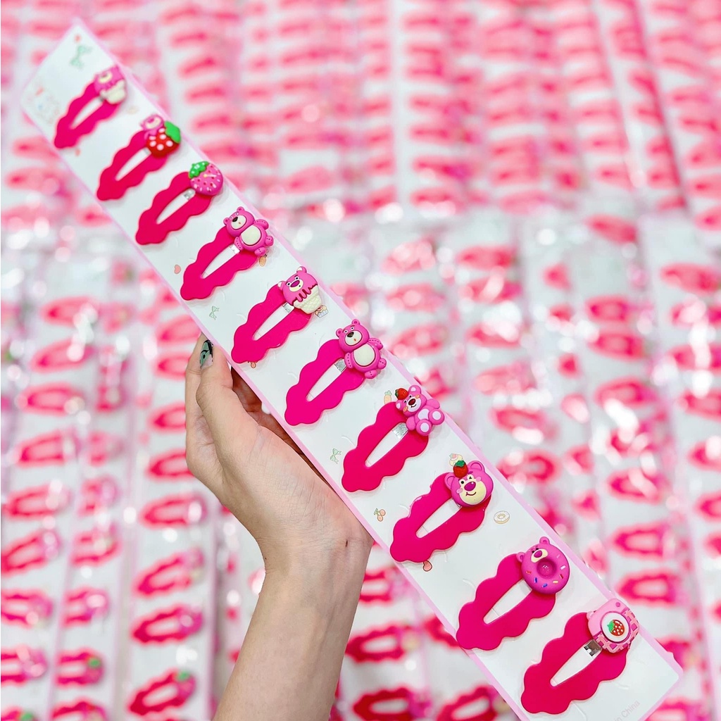 5 Bộ kẹp tóc màu sắc đơn giản tinh tế thời trang Hàn Quốc cho nữ- Kẹp tách gọn sóng gấu hồng Lotso