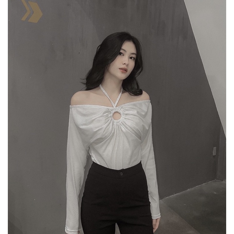 Áo croptop nữ tay dài HHVINTAGE kiểu bẹt vai khoen co giãn Top A39