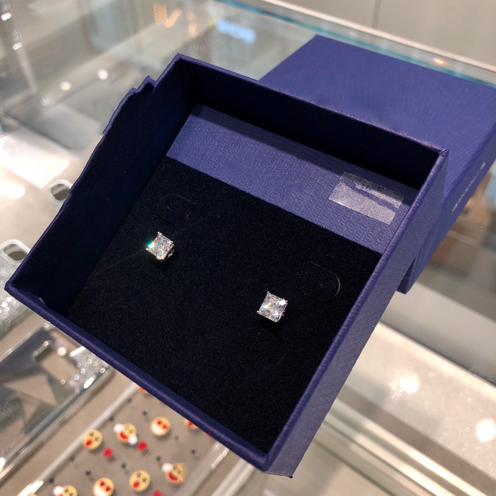 Bông Tai Mạ Bạc 925 Đính Kim Cương Pha Lê Hình Vuông Thời Trang Cho Nữ