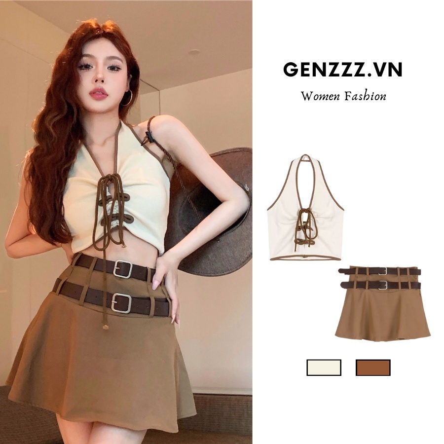 Áo ba lỗ sát nách, croptop, ôm body, có dây rút, phong cách Hàn Quốc 2022 và chân váy chữ A, xếp ly, hot trend genzzz