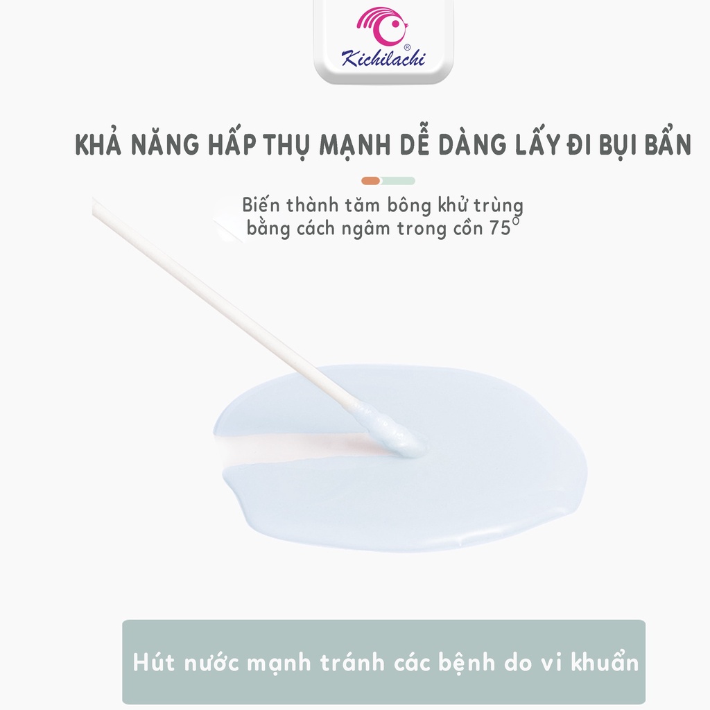 Tăm Bông Sơ Sinh KICHILACHI Thân Giấy An Toàn Cho Bé, Thiết Kế Dễ Thương 200 que