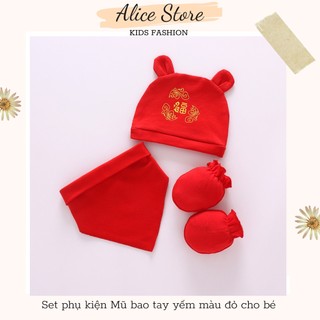 Mũ sơ sinh💖FREESHIP💖 Set Mũ, Yếm, Bao tay đỏ đón Noel, Năm mới cho bé sơ sinh
