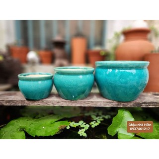  Chậu đất nung BD - Chậu trồng sen đá xr - Combo 3 chậu bắp cải tráng men xanh vàng 