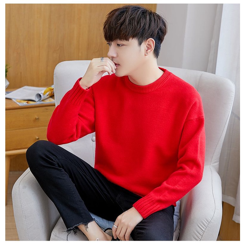Áo Sweater Dệt Kim Cổ Tròn Màu Đỏ Trơn Kiểu Hàn Quốc Thời Trang Mùa Đông Cho Nam Giới Plus Size 45%