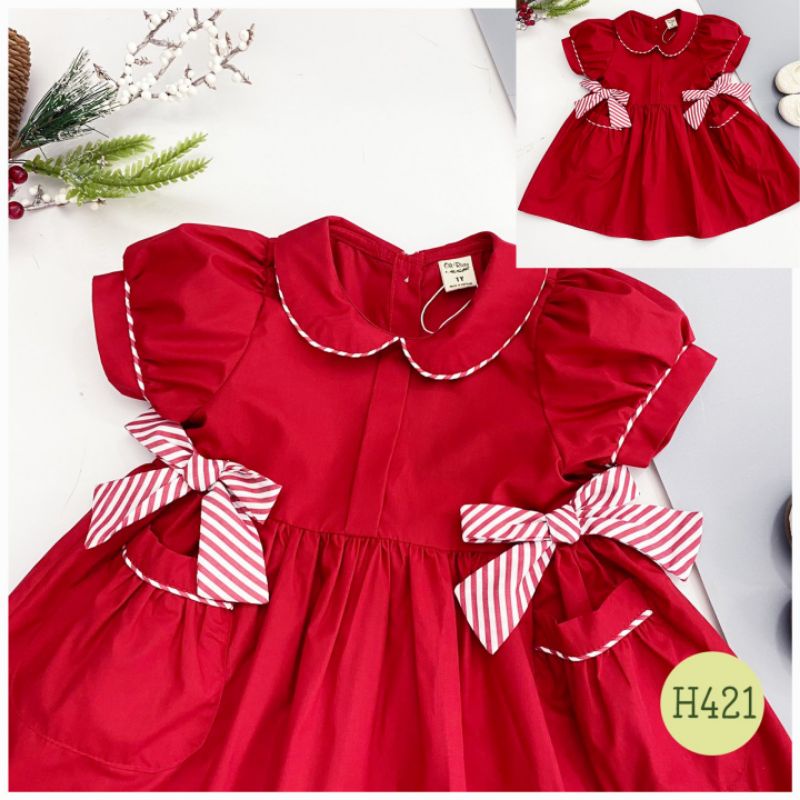 (1 và 2 tuổi) Váy đầm đỏ bé gái Oli River - cổ sen, phối nơ cực xinh (H421)