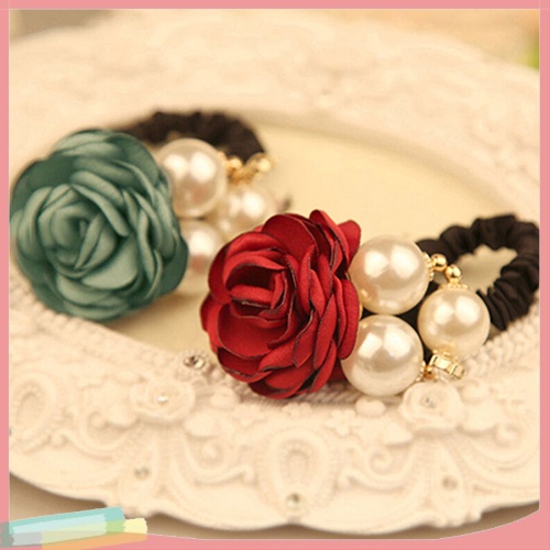 Thun buộc tóc hình hoa hồng và ngọc trai xinh xắn
