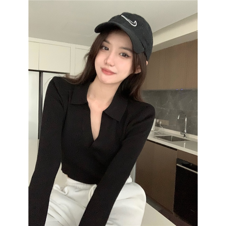 ZHELIHANGFEI Áo dệt kim cổ sâu V POLO tay dài cổ cao cạp cao ống rốn gợi cảm