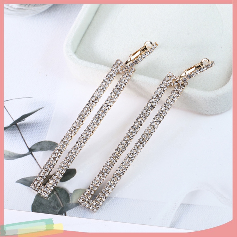 Khuyên tai nữ dáng dài đính đá dáng chữ nhật rỗng