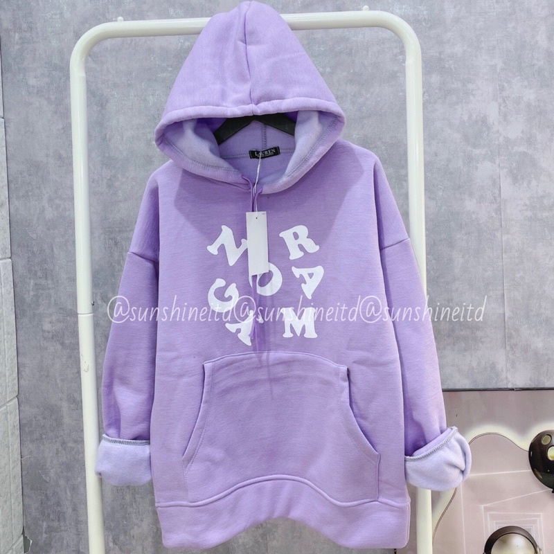 ( Nỉ Chần Bông - Form Rộng ) Áo Khoác Hoodie Màu Tím Pastel Oversize Hoạ Tiết Dây Rút Có Nón In Chữ Đơn Giản Mùa Đông