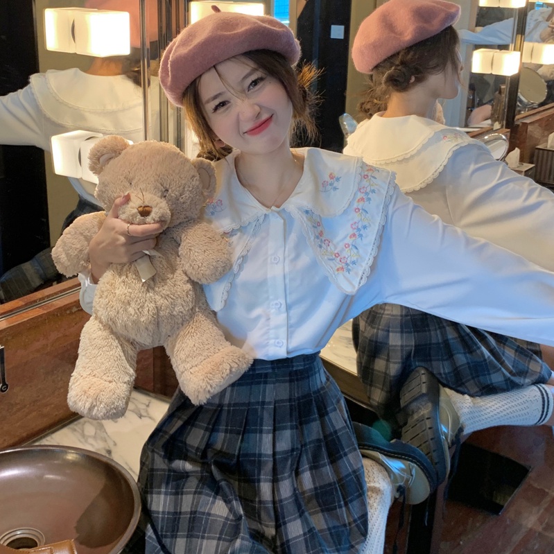 Áo sơ mi SUXI tay dài cổ búp bê thêu hoa đơn giản xinh xắn dễ phối đồ cho nữ