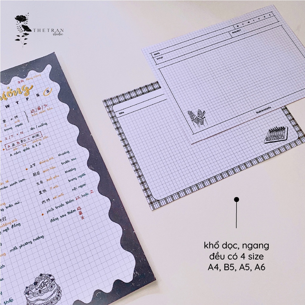 Bộ 10 tờ giấy ghi chép kẻ caro - A4, B5, A5, A6 - dọc, ngang trắng đen / silent world notepad / thetranstudio