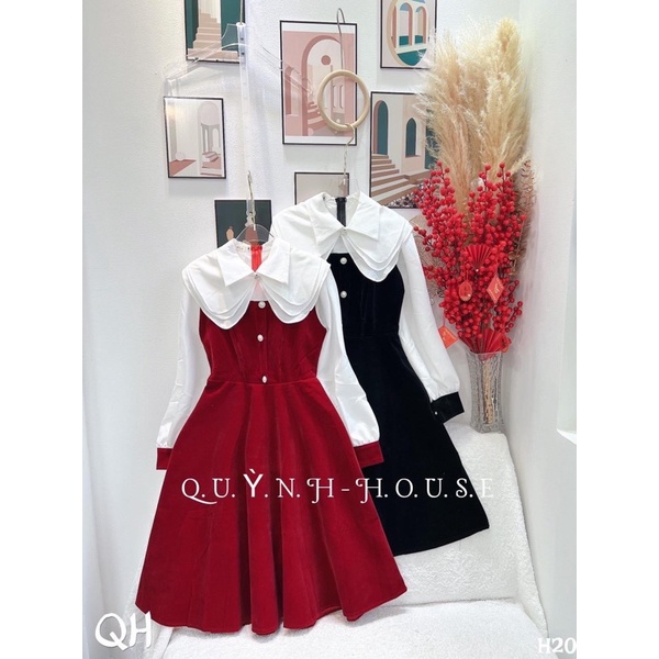 Đầm nhung cổ bèo lá