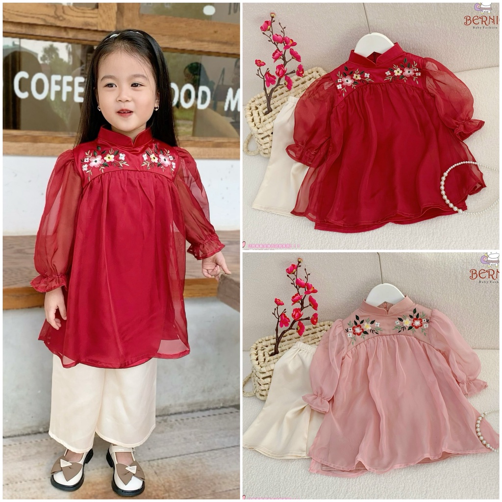 [CHÍNH HÃNG] Áo dài voan bé gái họa tiết thêu hoa dáng babydoll điệu đà BERNIE