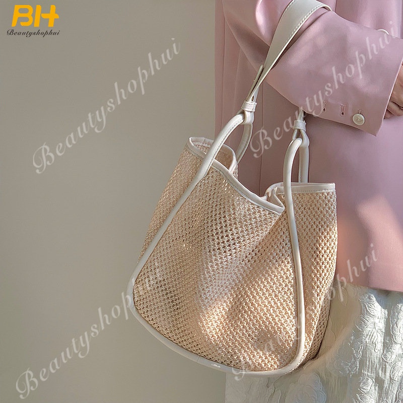 Túi Xách Đan Rơm Sức Chứa Lớn Màu Sắc Tương Phản Thời Trang Mùa Hè 2022 Cho Nữ