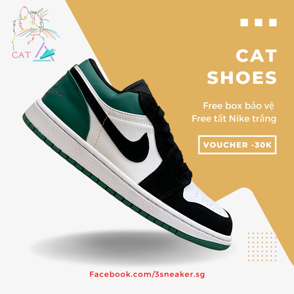Giày Nike Air Jordan 1 Low White Black Mystic Green, JD1 Thấp Xanh Lá Đen; Full Box, Phụ Kiện, Tặng Vớ Trắng