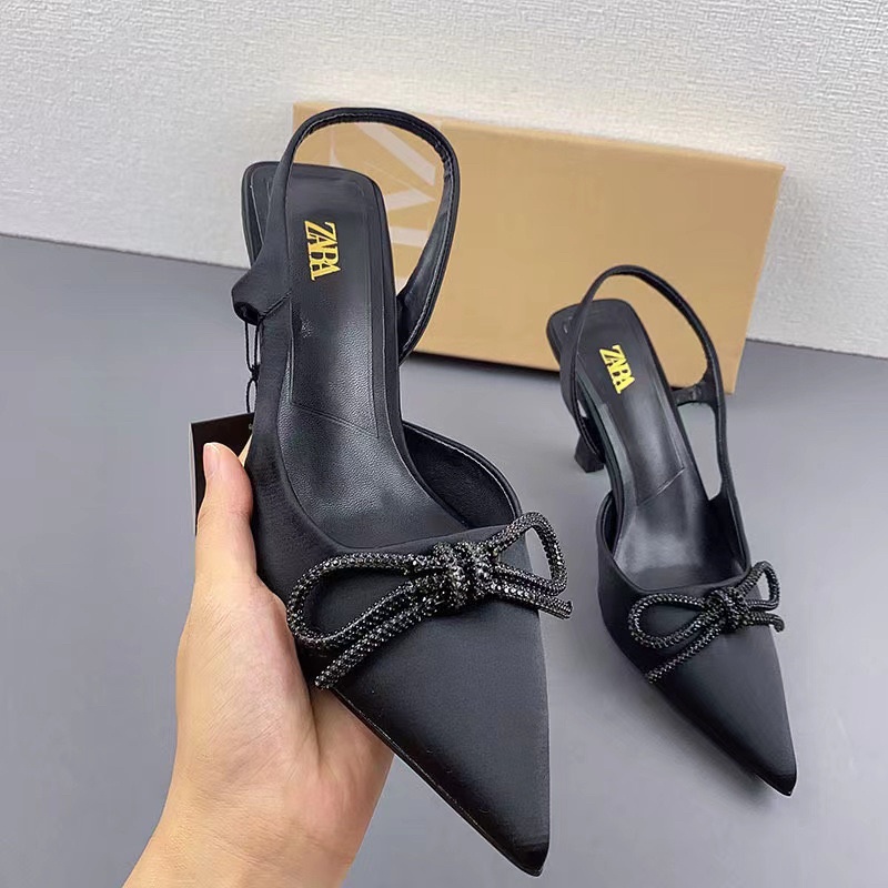 Giày ZR satin nơ đính đá đen NMINE STORE hàng FULLBOX đế 7cm