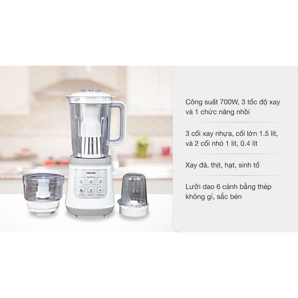 Máy xay sinh tố đa năng Toshiba BL-70PR2NV Trưng bày Công suất: 700W - 3 Cối xay nhựa -  Lưỡi dao thép không gỉ