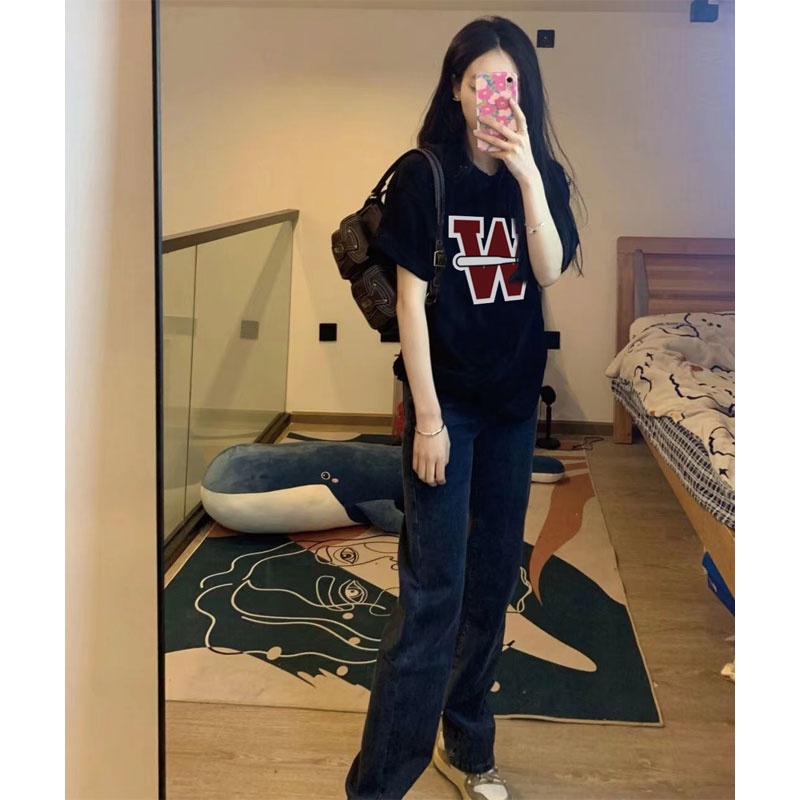 Áo Thun Tay Ngắn Cổ Tròn In Chữ Phong Cách Hàn Quốc