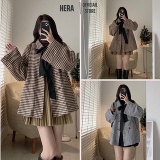 Áo khoác kẻ dạ babydoll kẻ caro hai lớp kèm nơ siêu xinh