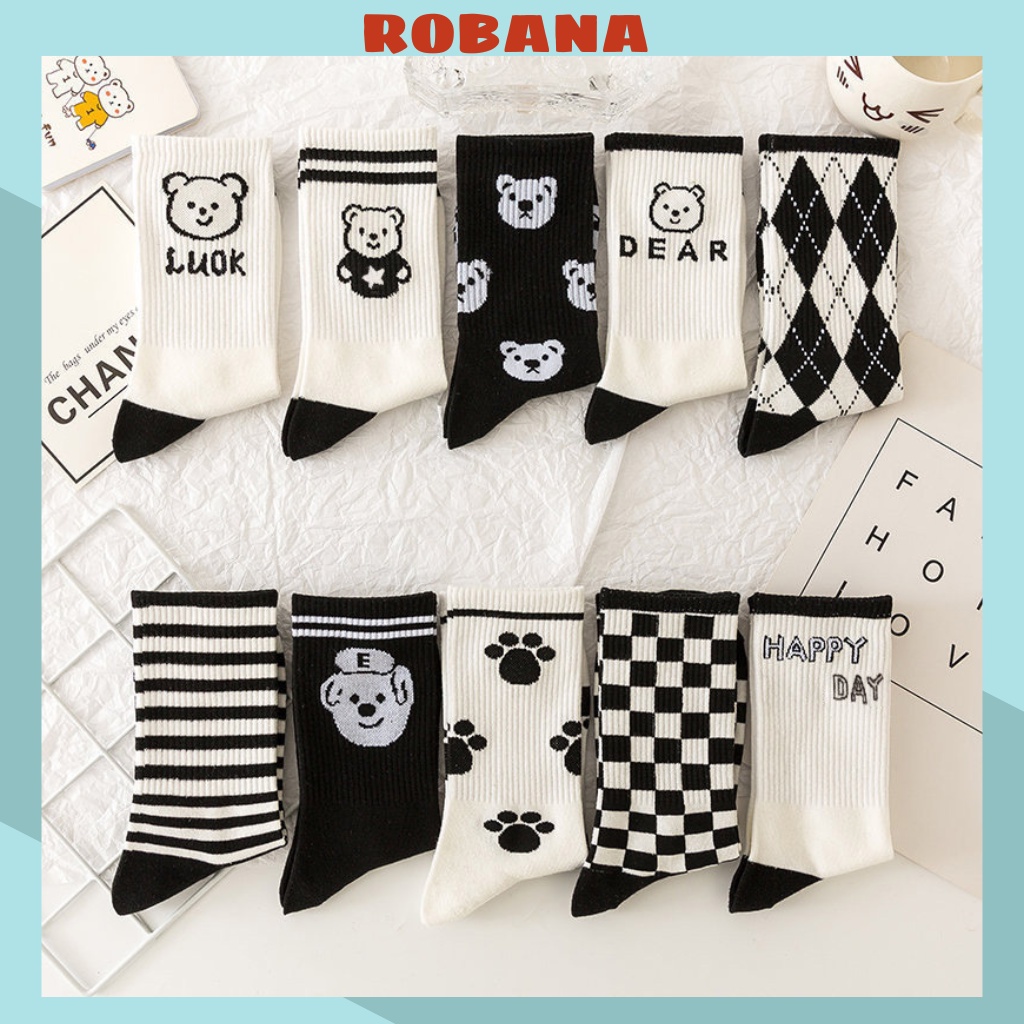Tất vớ nữ cổ cao ROBANA họa tiết gấu trắng đen thun co giãn 4 chiều