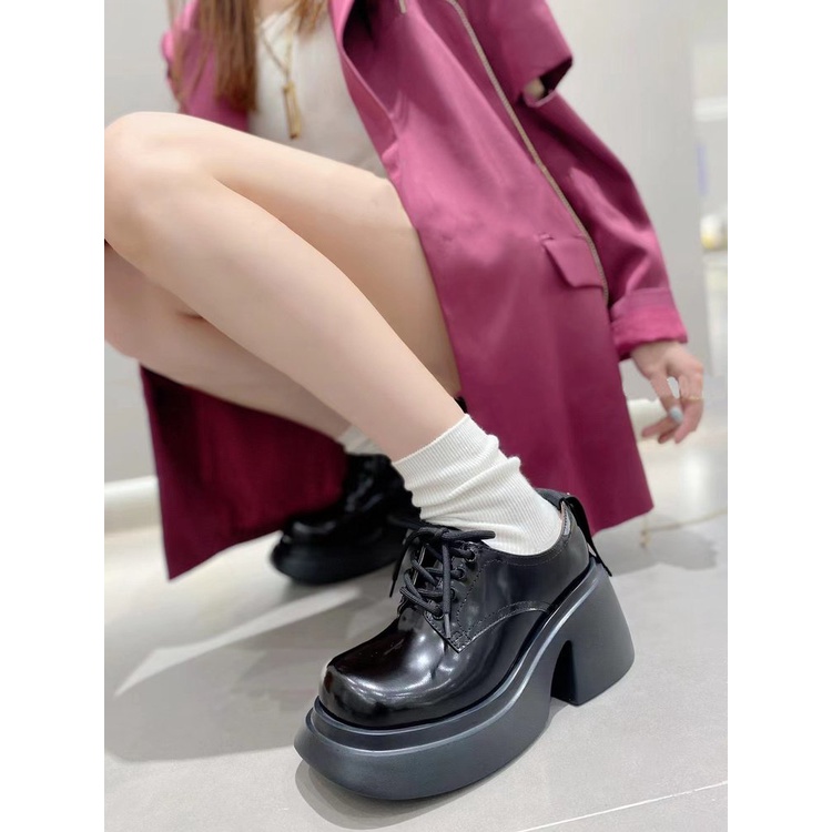 Giày Cao Gót Mũi Tròn Cột Dây Bằng Da Phong Cách Retro Thời Trang