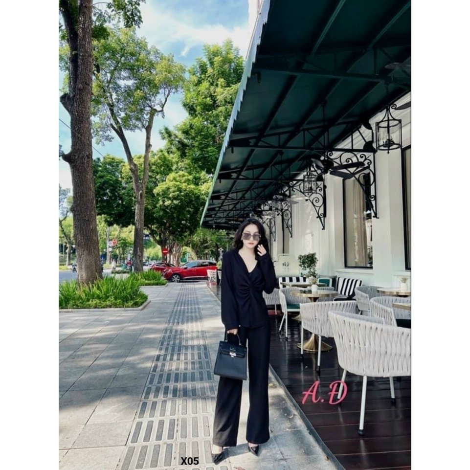 Đồ bộ nữ dễ thương, set đồ bộ nữ cá tính với quần dài ống rộng kèm áo kiểu nữ form rộng dài tay chất đũi mềm, mát