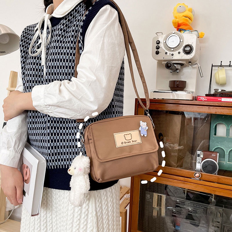 Menas Túi Đeo Chéo Vải Oxford Màu Trơn Hình Gấu Hoạt Hình Dễ Thương