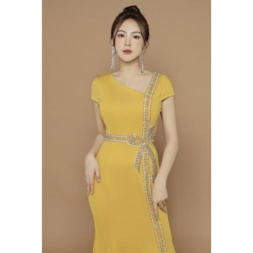 Đầm dạ hội cổ kết pha lê nơ dài không xẻ tà
