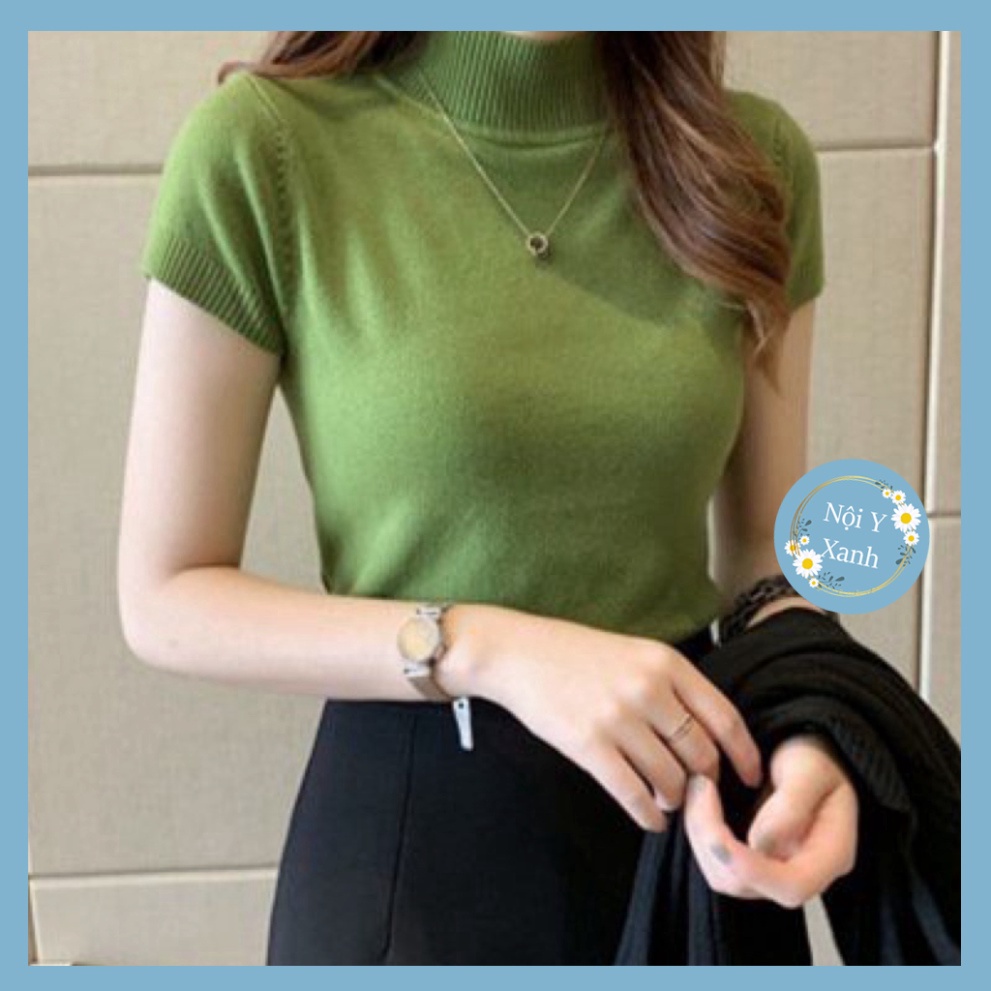 ÁO LEN NỮ CỔ BA PHÂN TAY NGẮN GIỮ NHIỆT CO GIÃN ÔM BODI hàng loai 1 nội y xanh -  chất đẹp