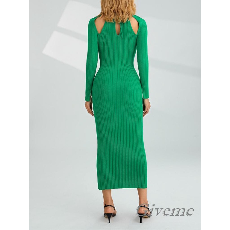 Đầm Dệt Kim Dài Tay Cổ Tròn Màu Trơn Thời Trang Nữ Tính