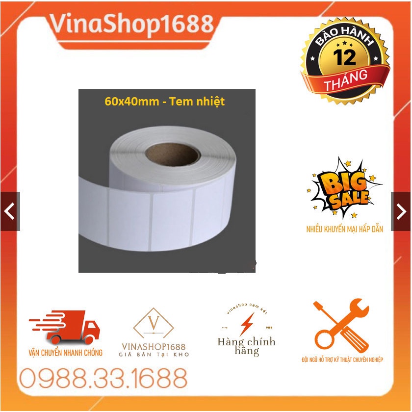 Giấy in mã vạch, decal nhiệt 60x40 mm, 1 tem/hàng, cuộn 30m