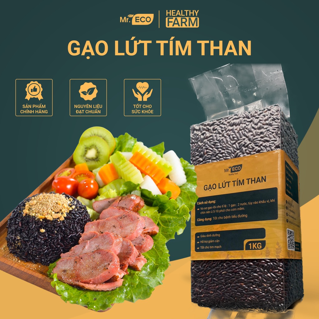 Gạo Lứt Tím Than Dẻo Sóc Trăng Mr.Eco Healthy Food Hỗ Trợ Giảm Cân, Bệnh Tiểu Đường, Gạo Lứt Đen Gói 1Kg