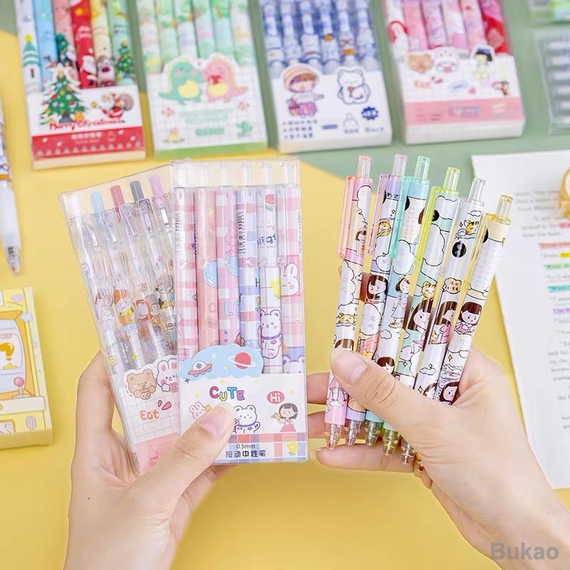 Hộp 6 bút gel bấm mực gel nhiều hoạ tiết dễ thương Bukao sỉ
