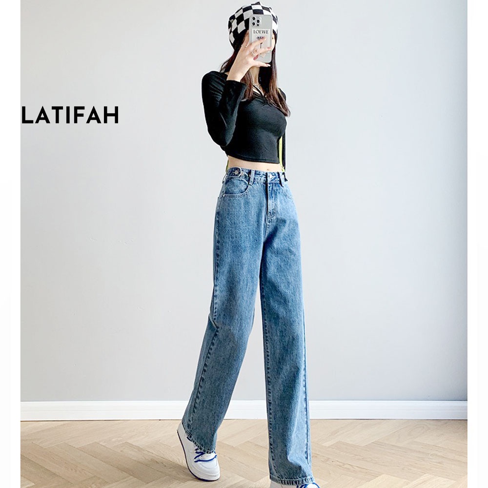 Quần baggy jeans nữ LATIFAH ống rộng dài 98cm gài cúc eo màu xanh nhạt QD041