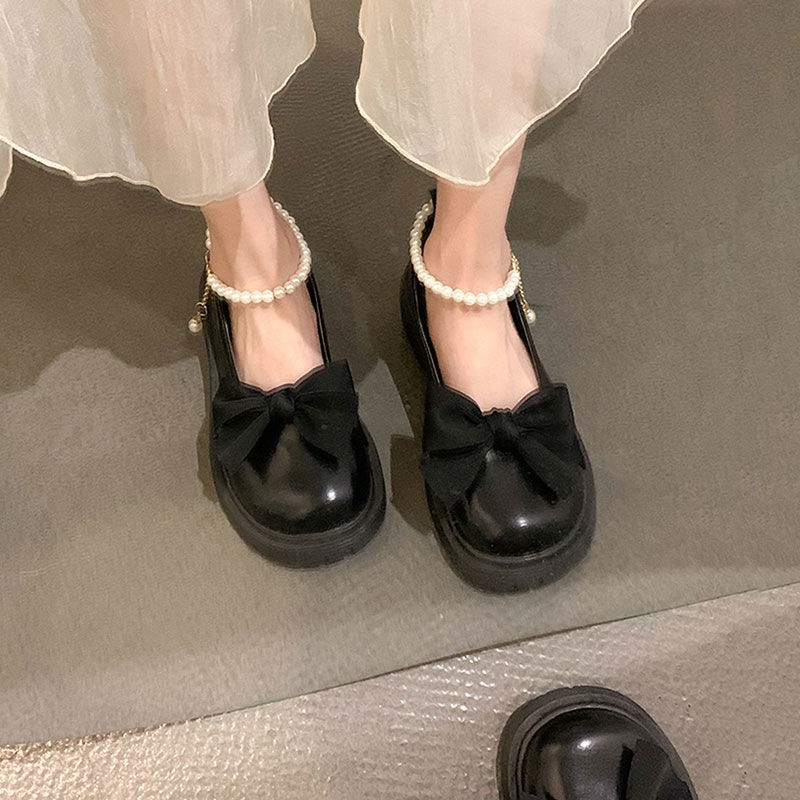 【EVEANOBQY】Giày Cao Gót Da Đế Dày Đính Nơ Ngọc Trai Phong Cách Pháp Thời Trang Xuân Hè Cho Nữ