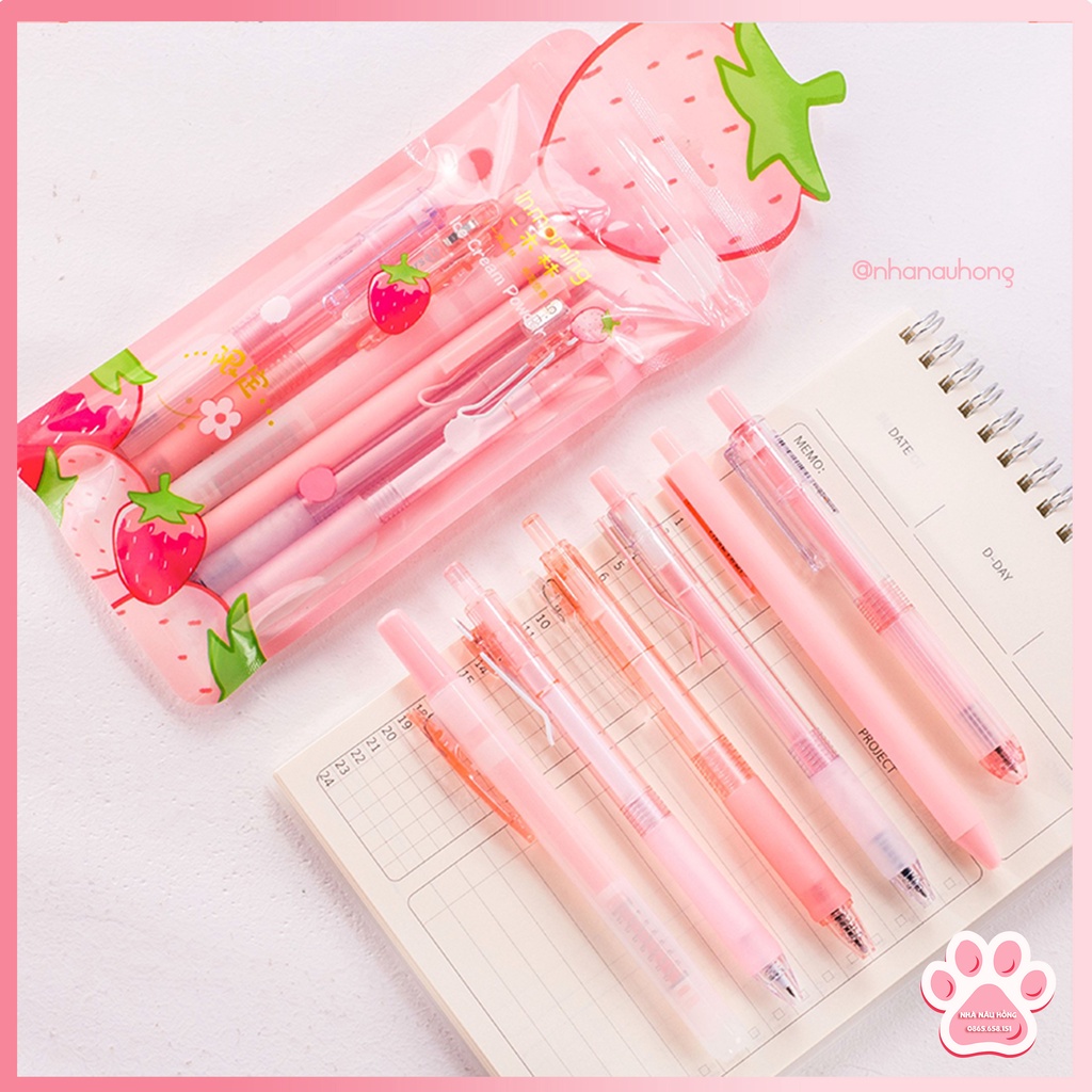 Set 6 Bút gel bấm In Morning Dâu Tây Hồng, màu mực đen, ngòi kim mảnh 0.5mm cao cấp