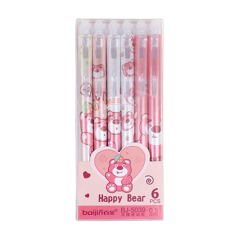 Set 6 Bút Bi Ngòi 0.5mm Hình Gấu / Dâu Tây Hoạt Hình Dễ Thương