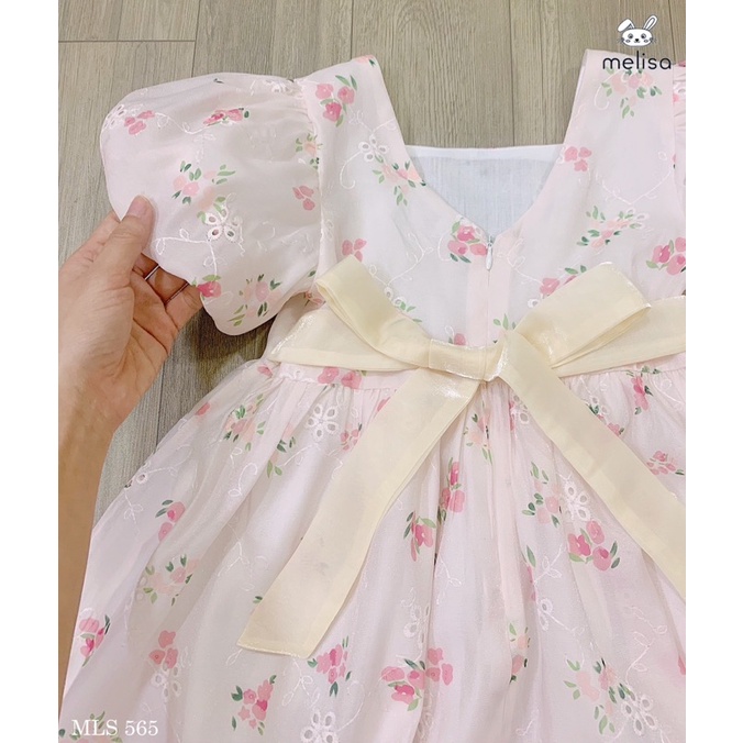 Đầm Melisa hồng hoa nhí tay bồng hồng chất tơ thêu