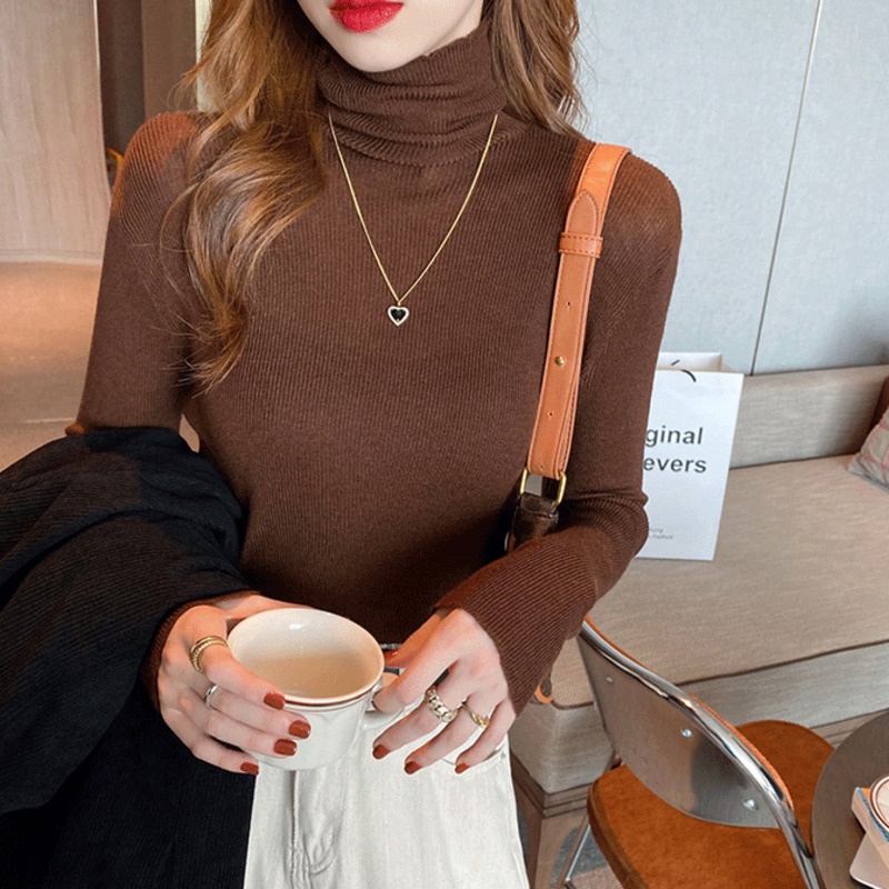 Áo Sweater Dệt Kim Tay Dài Cổ Lọ Màu Sắc Đơn Giản