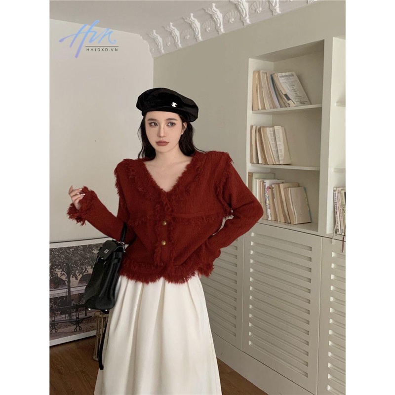 Áo Khoác Cardigan Dệt Kim Dáng Rộng Màu Đỏ Phối Tua Rua Thời Trang Thu Đông Năm Mới Cho Nữ