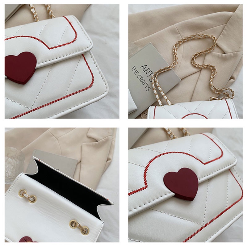 AlphaZ Túi Đeo Vai Hình Vuông Cỡ Nhỏ Bằng Da PU Họa Tiết Trái Tim Phối Dây Xích Kiểu Hàn Quốc Dễ Phối Đồ