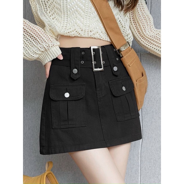Chân váy jean kaki co dãn túi hộp hai bên, Chân Váy Ngắn Túi Hộp Chất Kaki Mềm kèm đai nịt 💋💋U9888